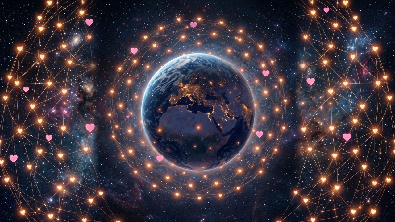 Terra con rete di cuori e luce